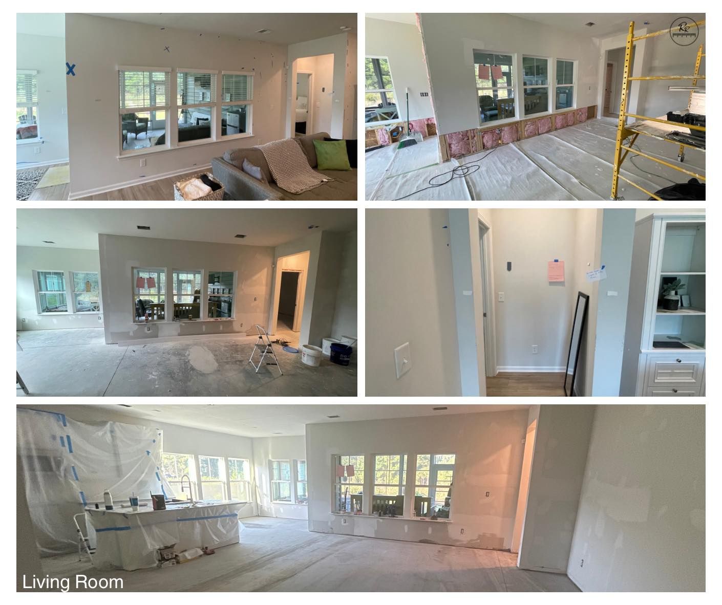 A collage of pictures of a living room being painted.