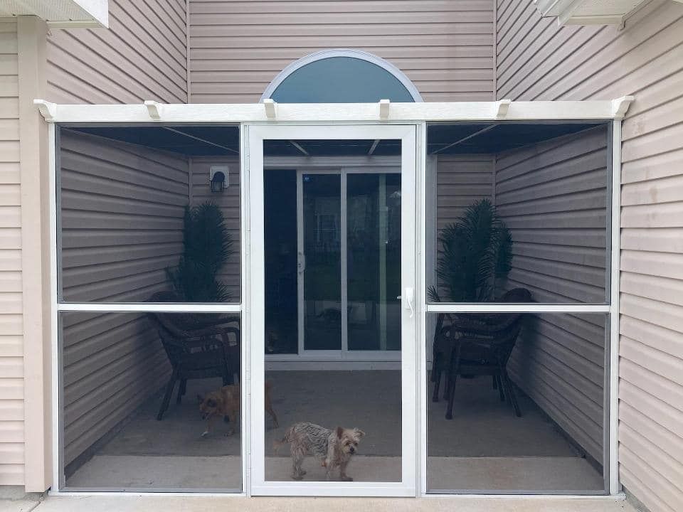 A screened in porch with chairs and a dog