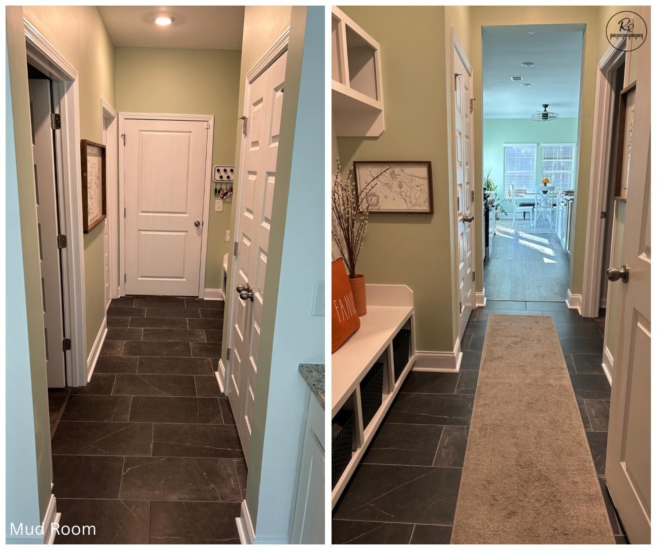A before and after photo of a hallway in a house