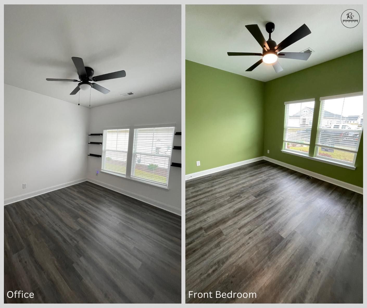 A before and after photo of a bedroom with a ceiling fan.