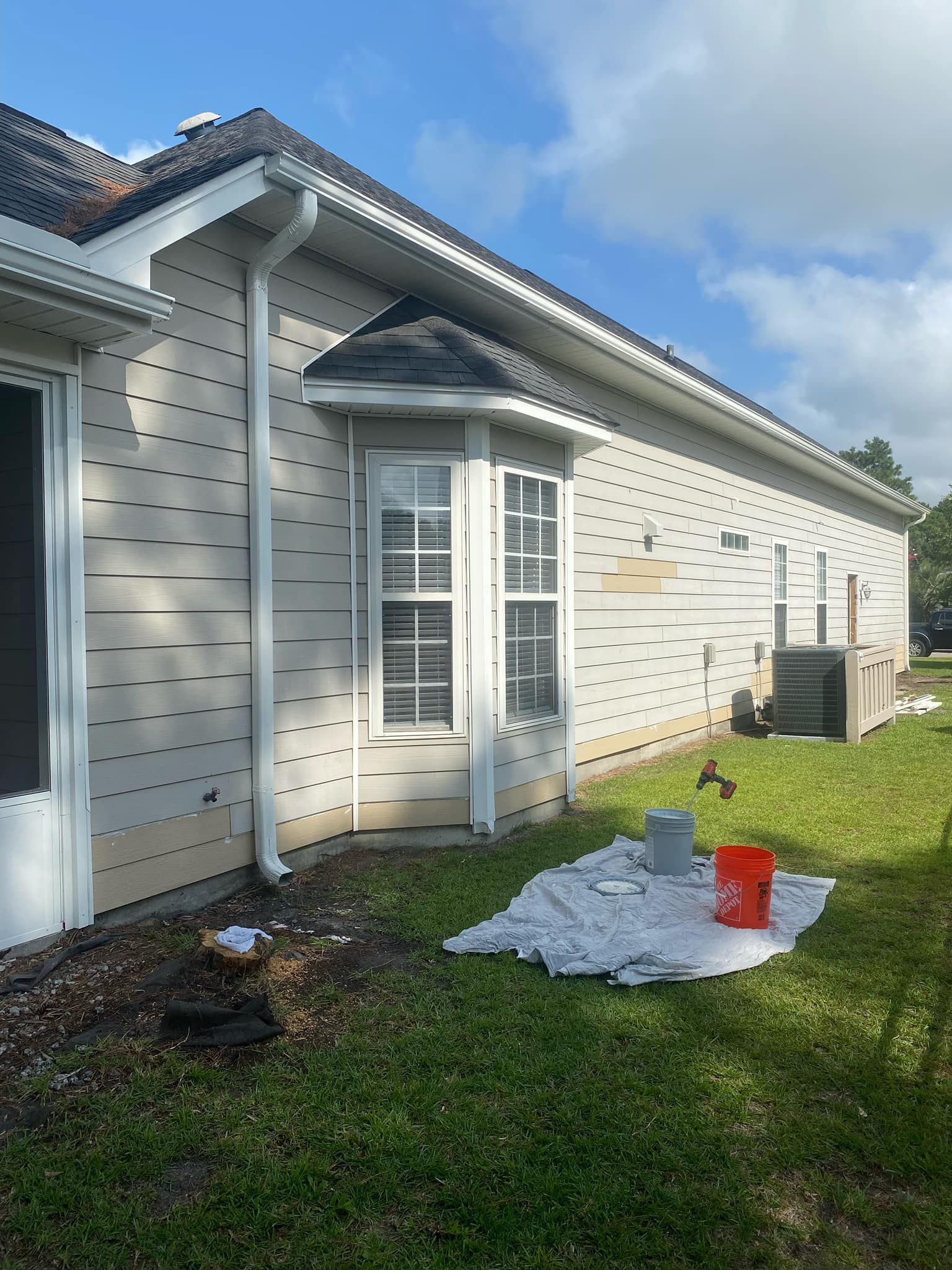 A house is being painted in the backyard.