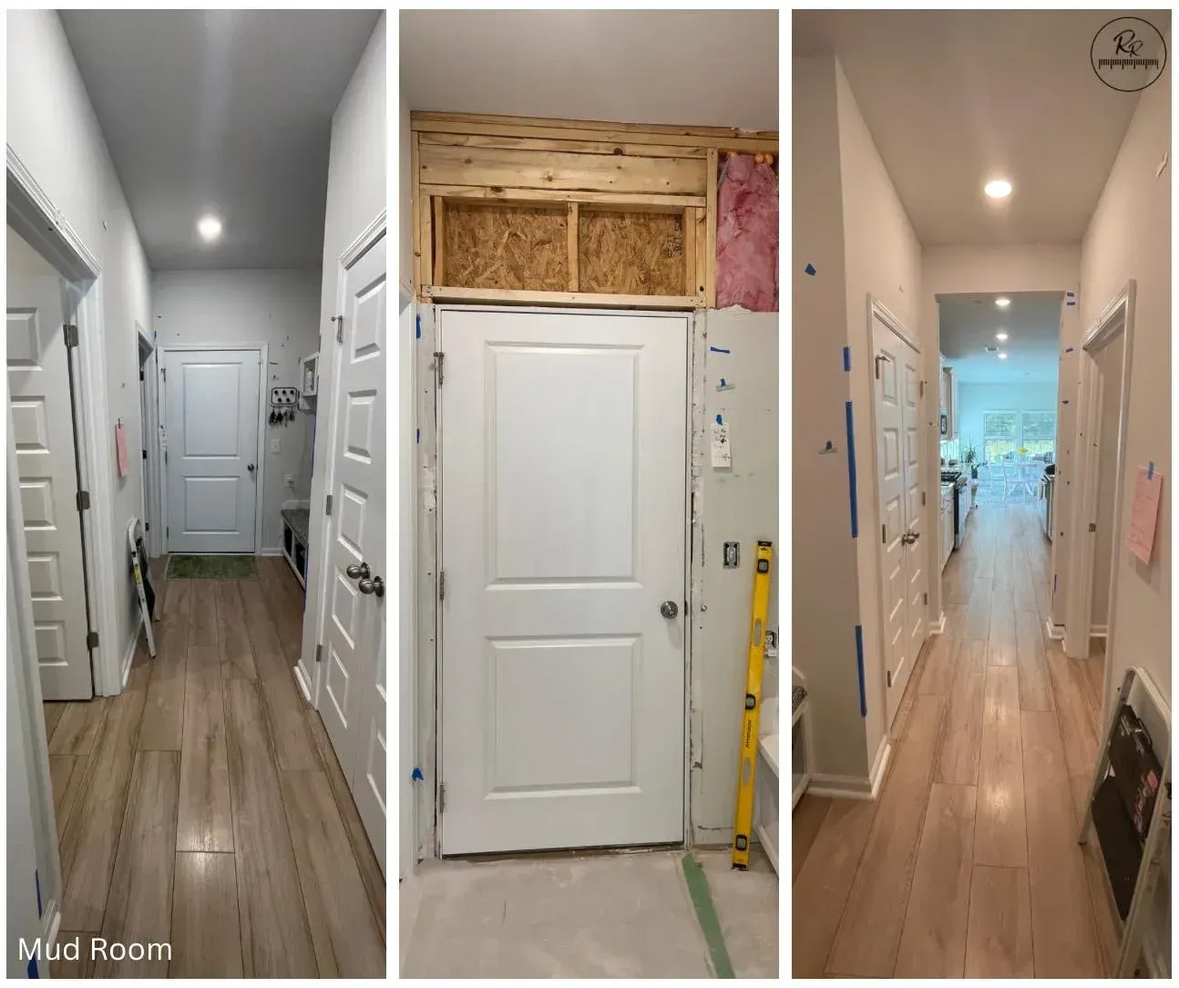 A collage of three pictures of a hallway being remodeled.
