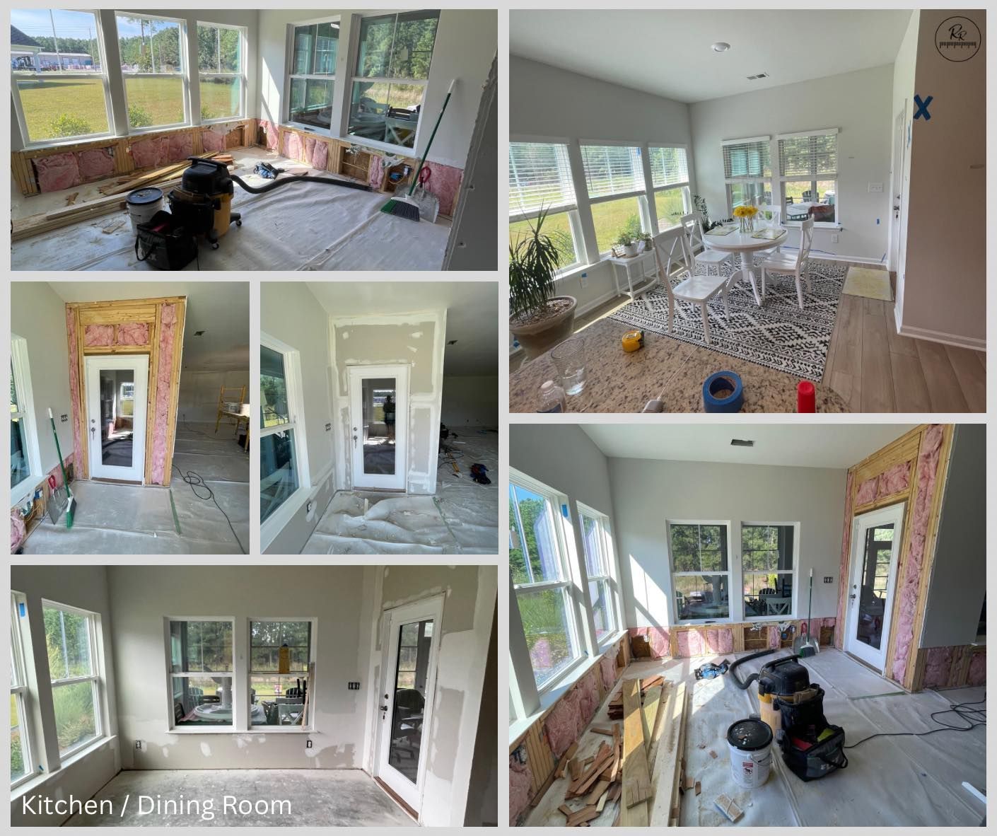 A collage of four pictures of a room being remodeled.
