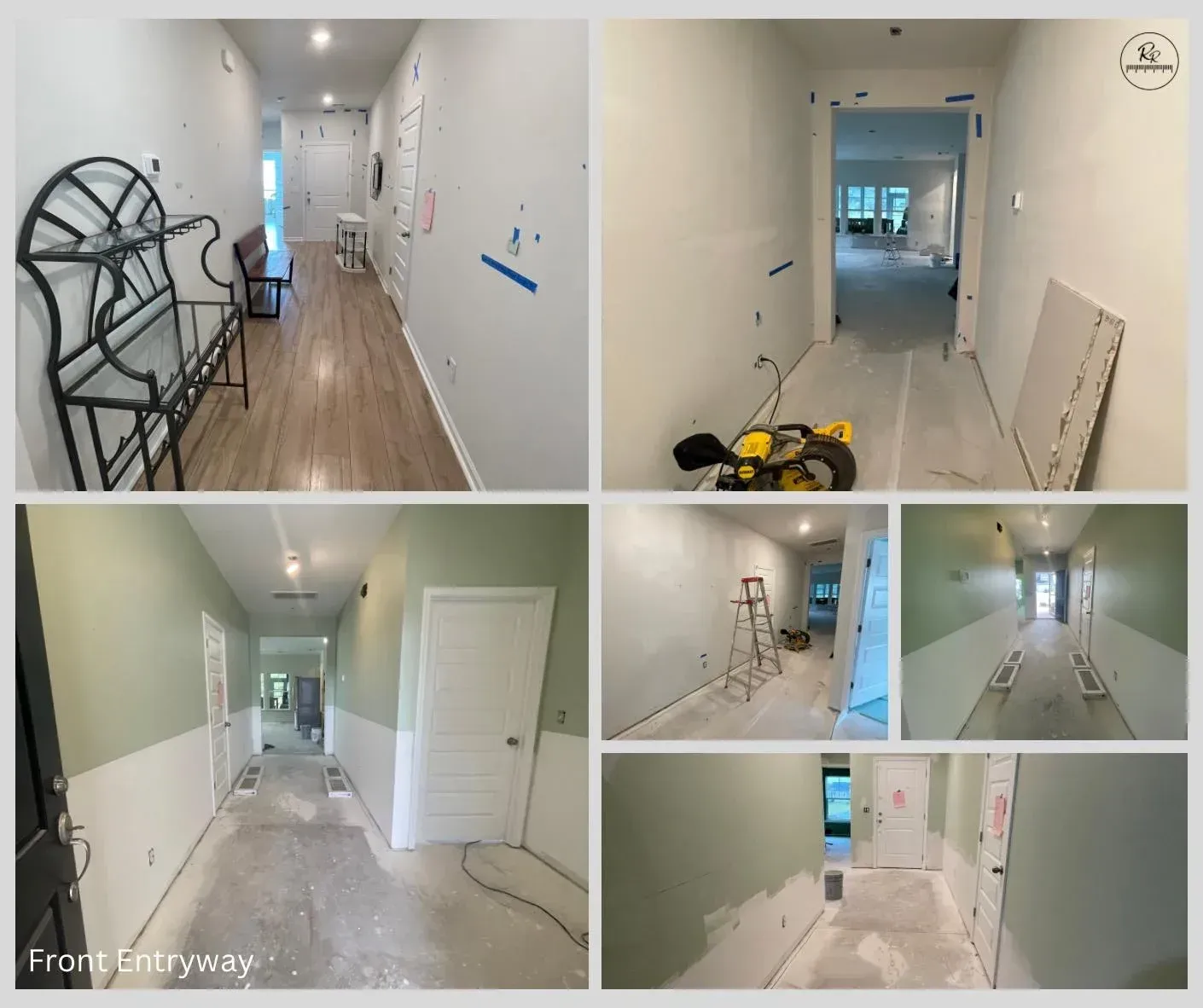 A collage of pictures of a hallway being painted
