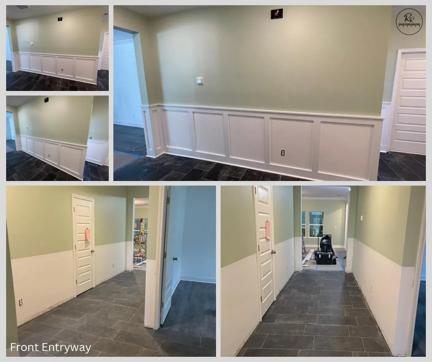 A collage of pictures of a hallway in a house.