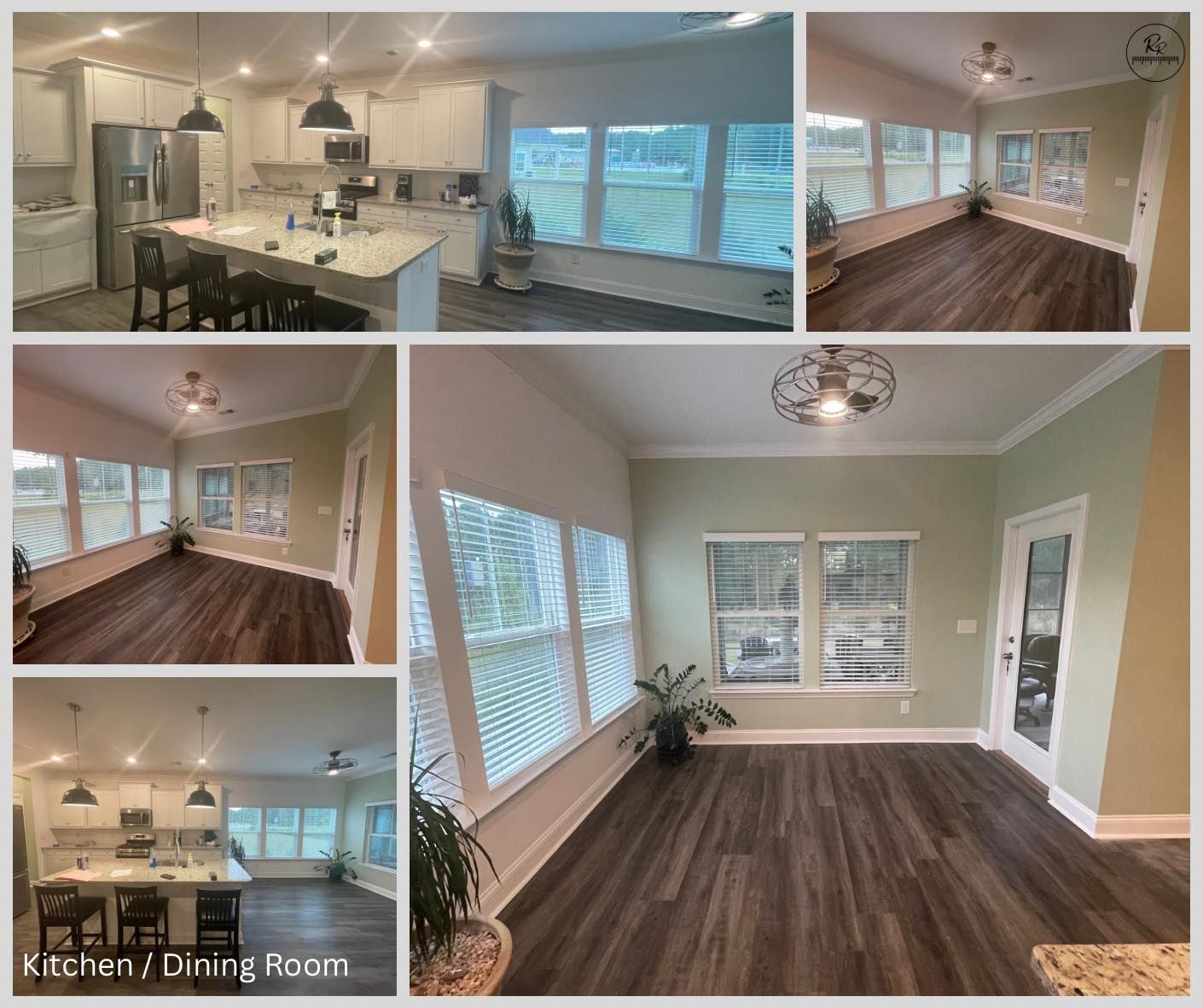 A collage of pictures of a kitchen and dining room