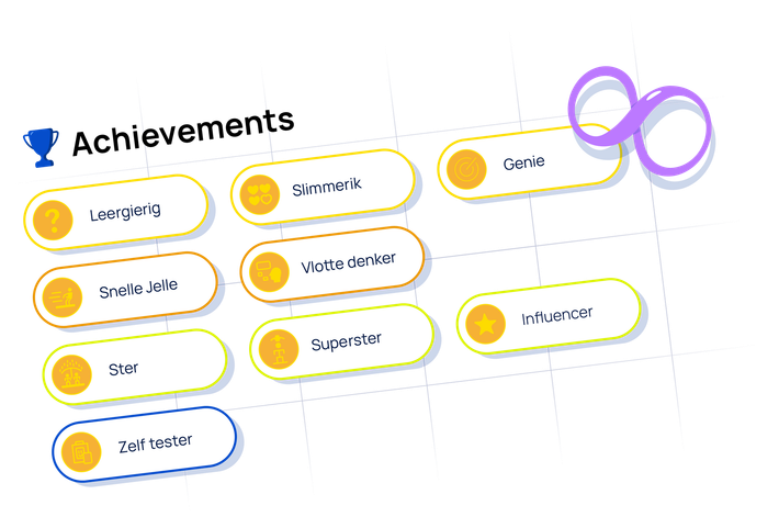 Overzicht van Learn-flix achievements en badges die leerlingen verdienen door vooruitgang.