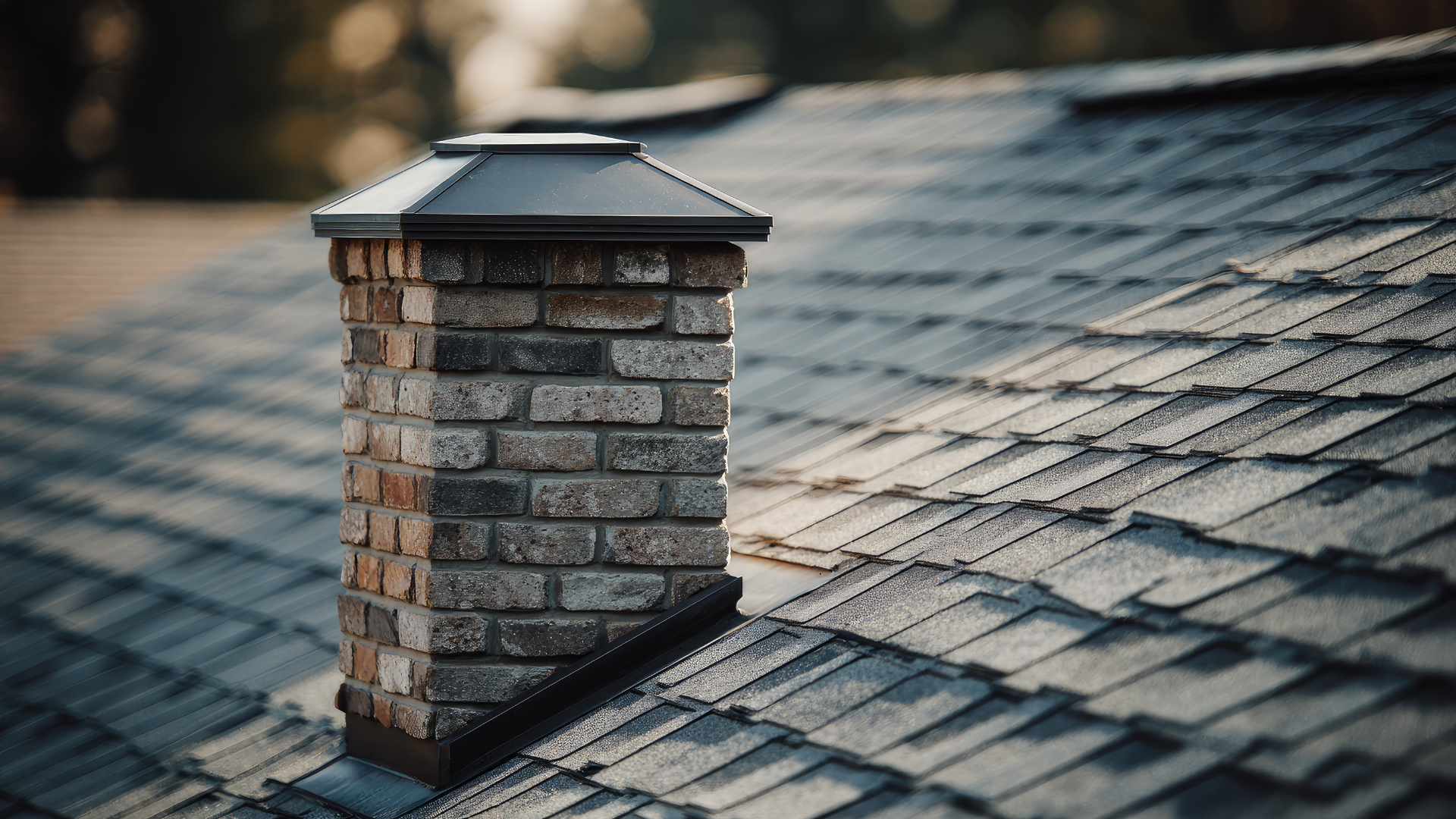 Brick chimney on a shingle roof, topped with a dark metal cap.