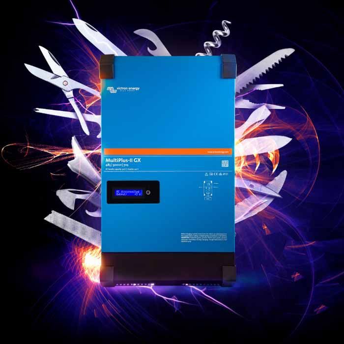 Blue Victron MultiPlus-II GX inverter with a Swiss Army knife background.