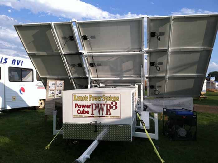 Rear view of a portable solar panel array on a trailer, labeled 