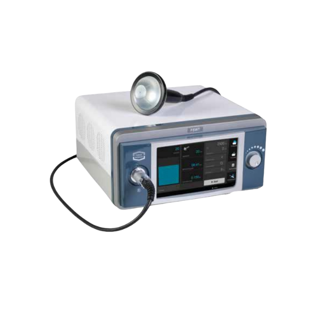 Medical device with light applicator on a table, featuring a touchscreen and control knob.