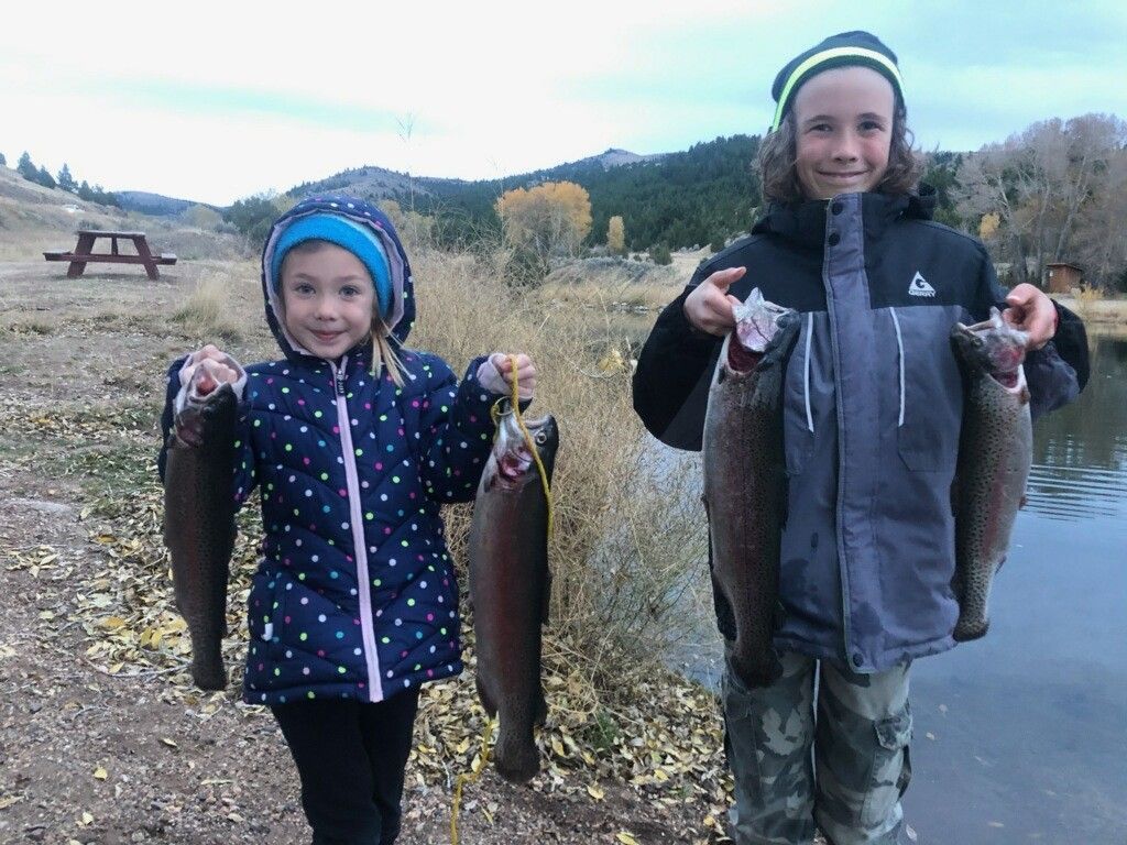 A boy and a girl are holding fish in their hands.
