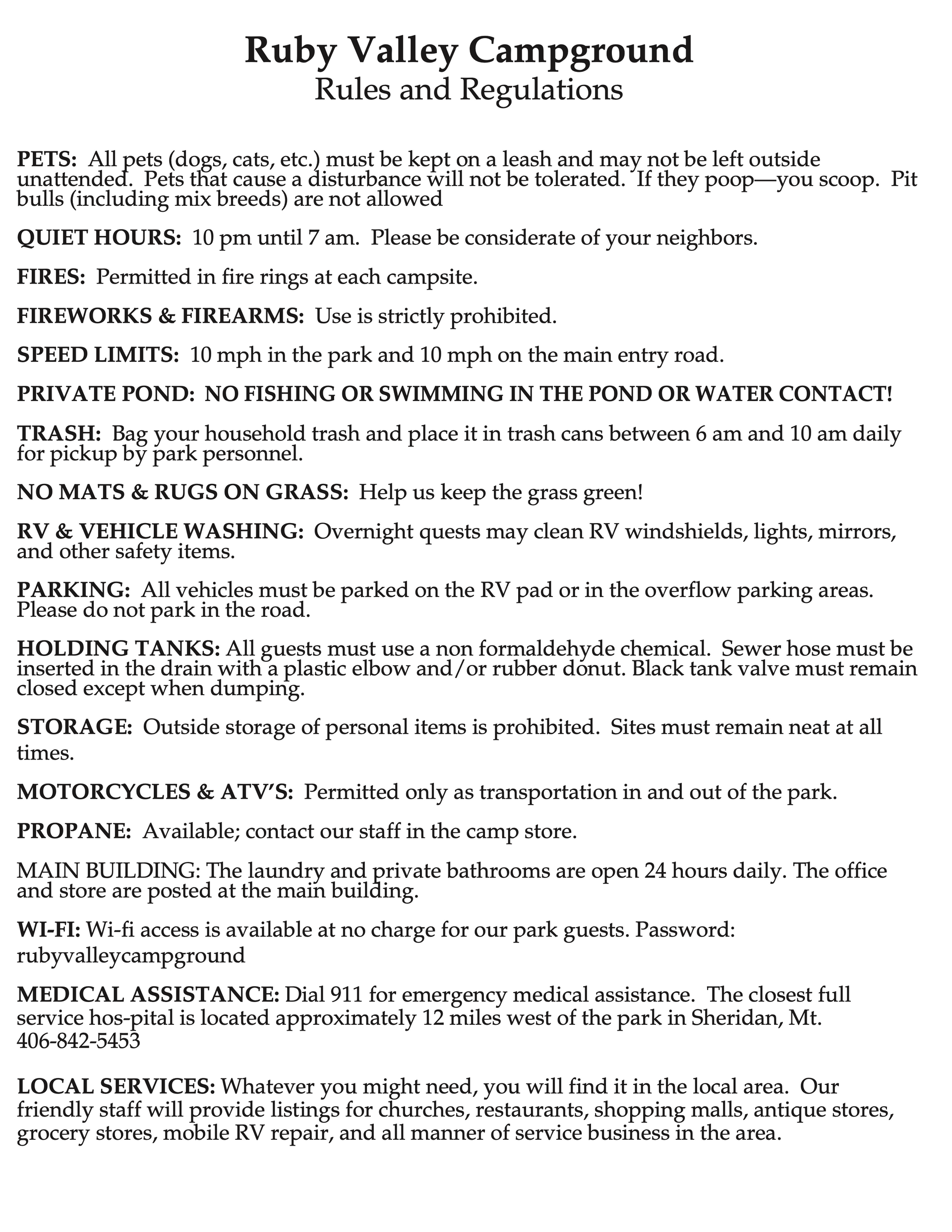 A list of rules and regulations for ruby valley campground
