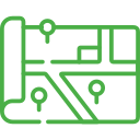 A green line drawing of a map with markers on it.