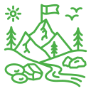 A green line drawing of a mountain range with trees and a flag.