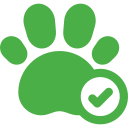 A green paw print with a check mark on it.