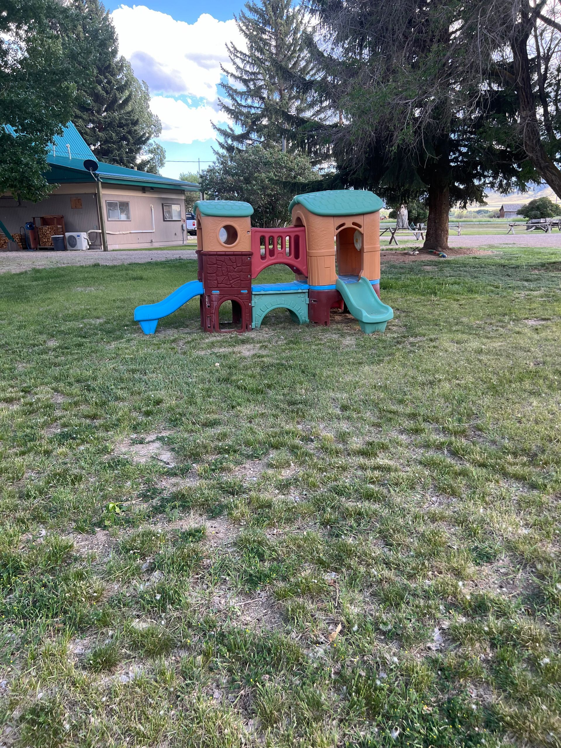 A playground set is sitting in the middle of a lush green field.