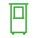 A green icon of a door with a window on a white background.