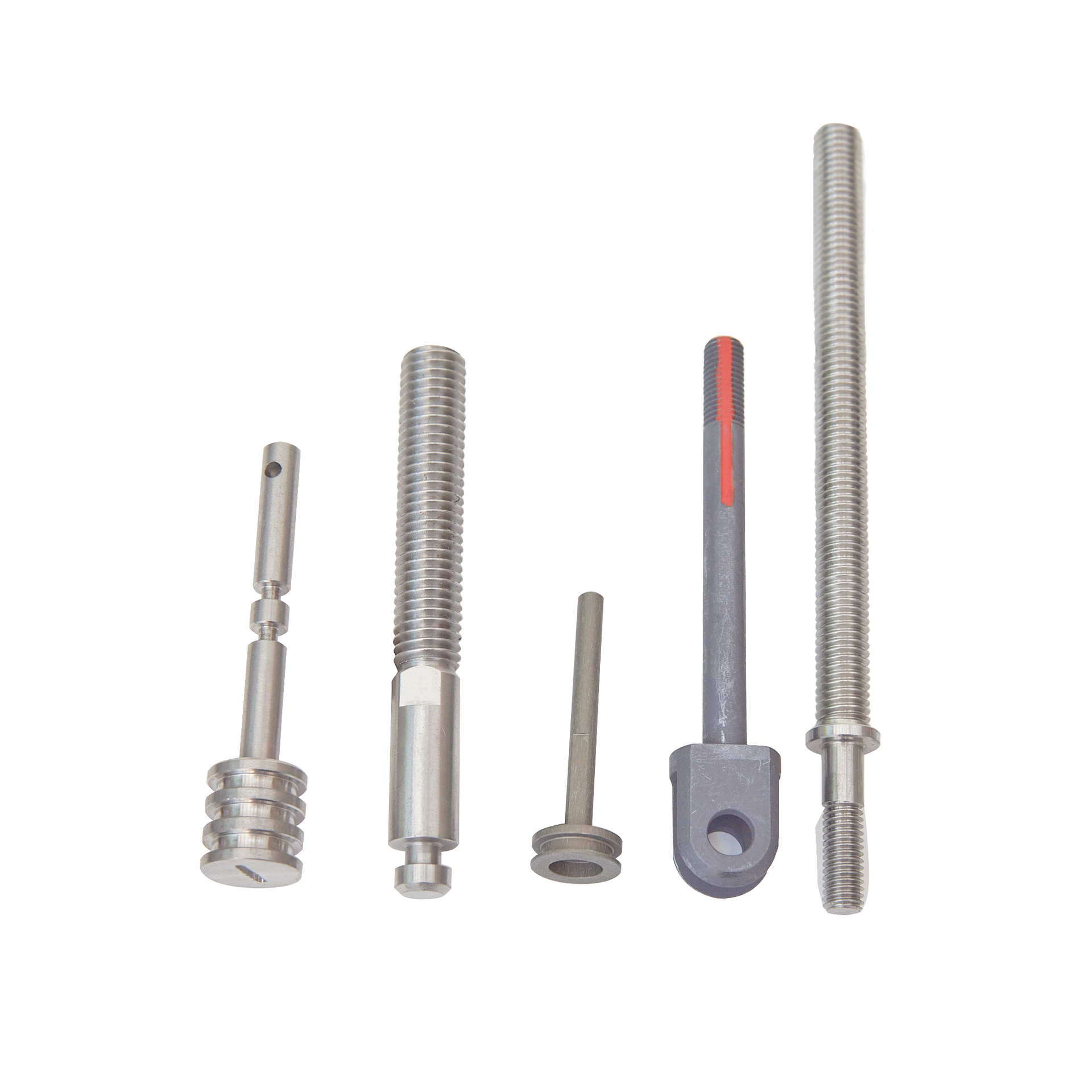 A group of stainless steel screws and bolts on a white background.