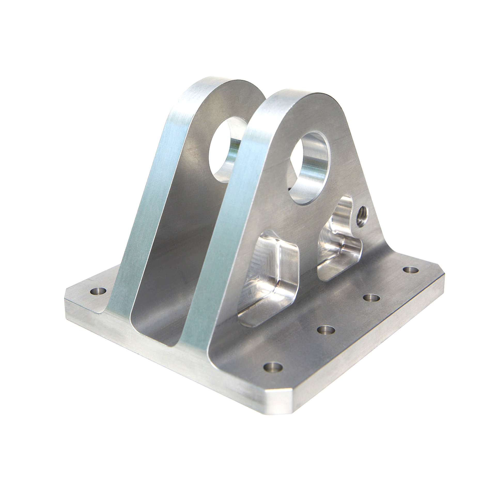 A close up of a metal bracket with holes in it on a white background.