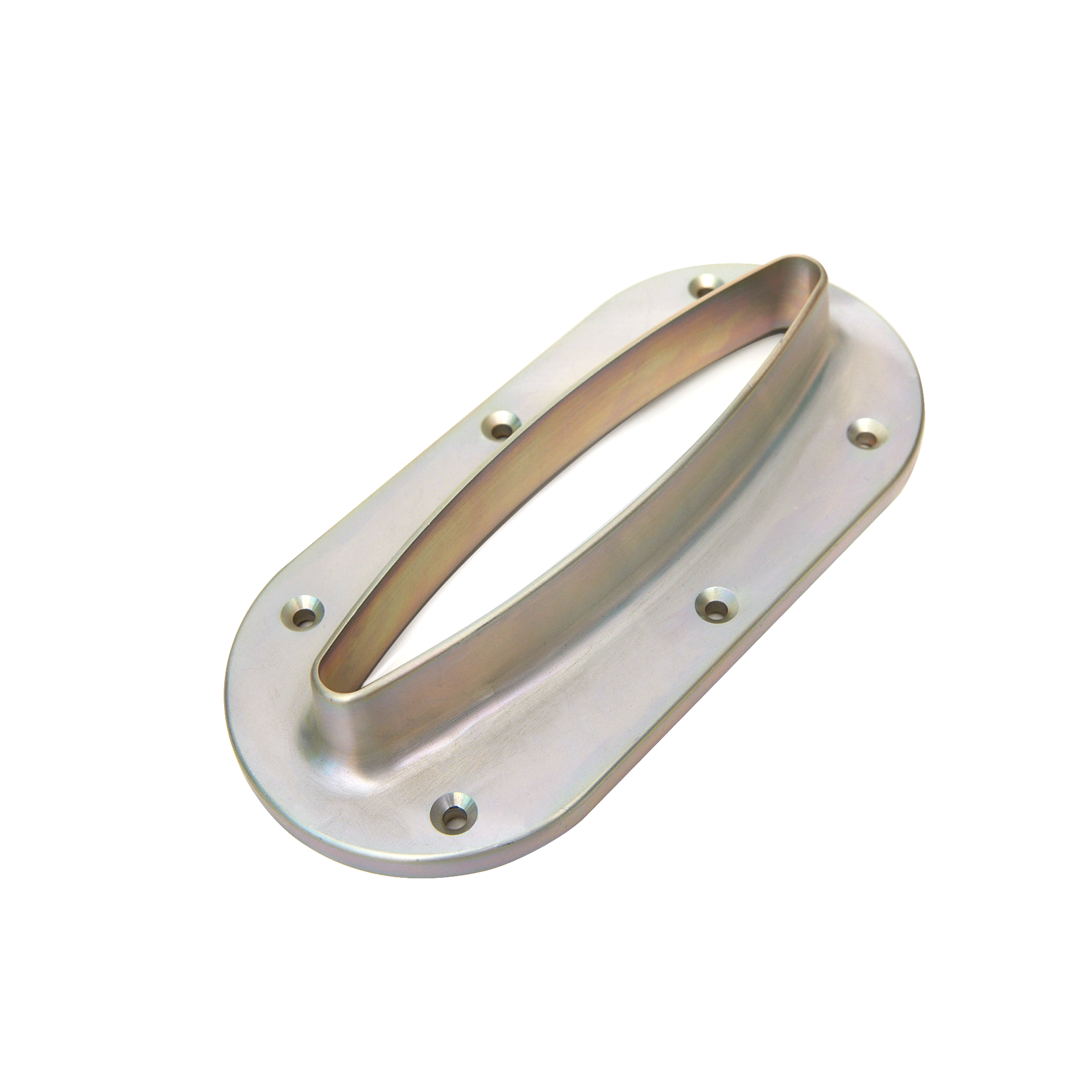 A metal object with a hole in the middle on a white background