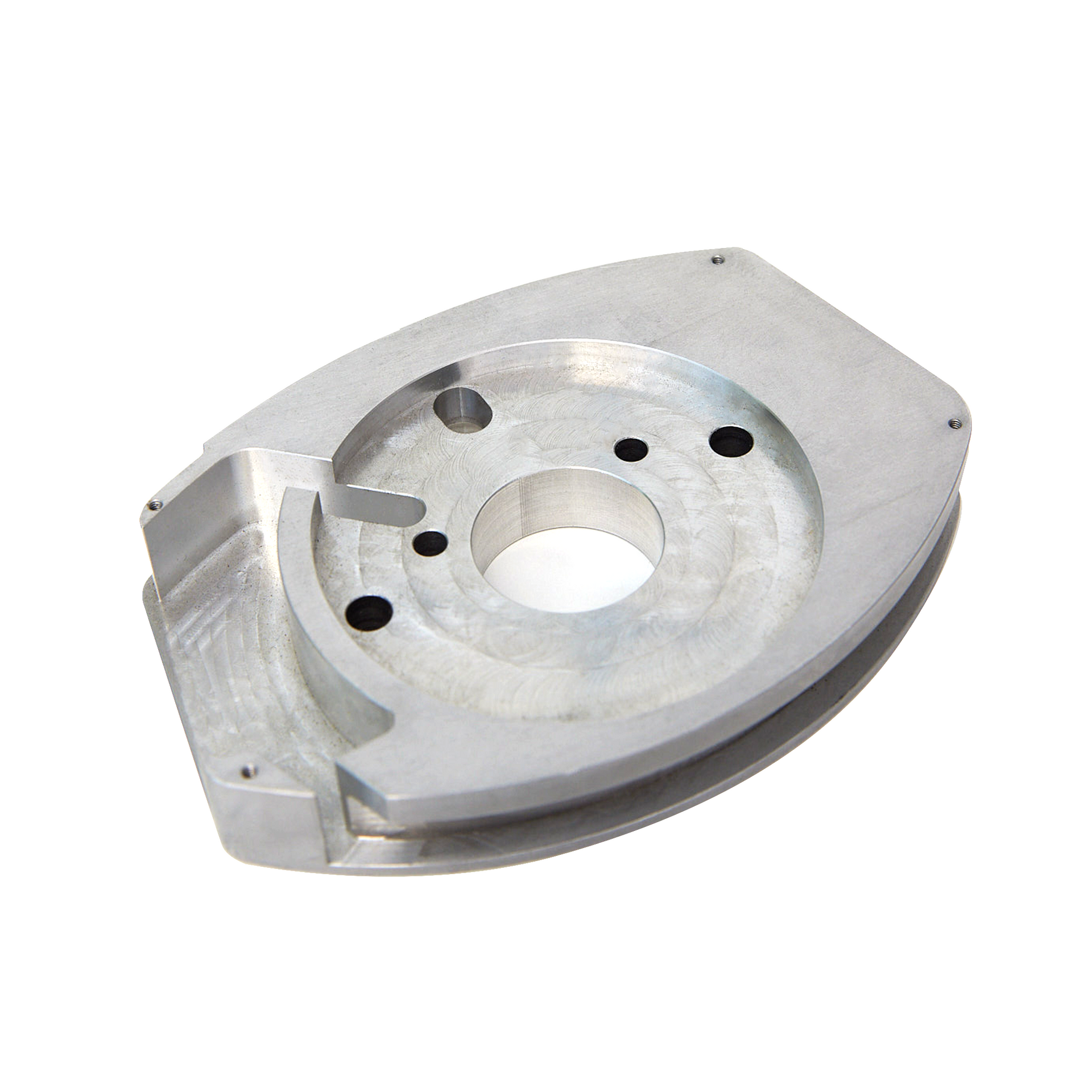 A close up of a metal object with holes in it on a white background.