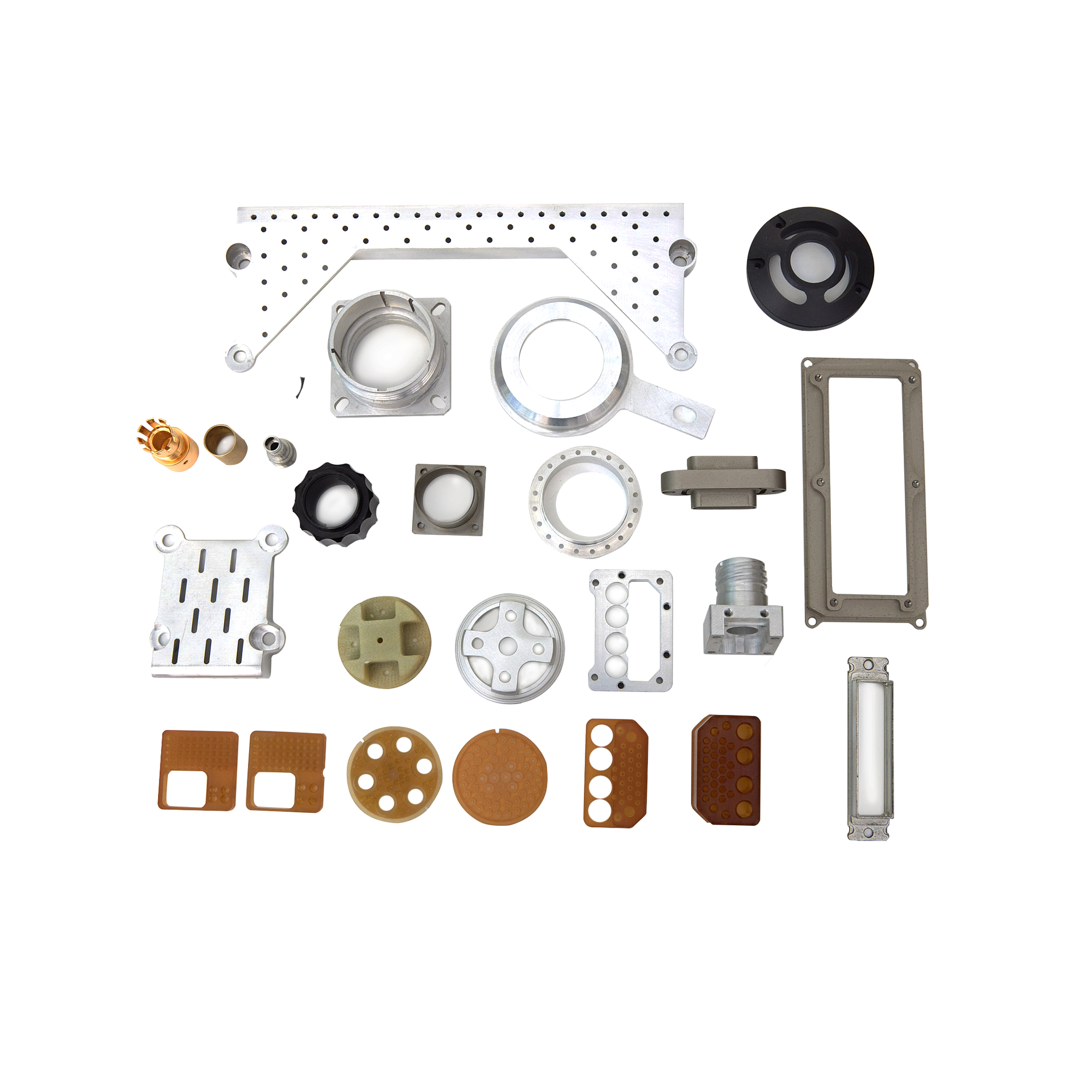 A bunch of different types of metal parts on a white background