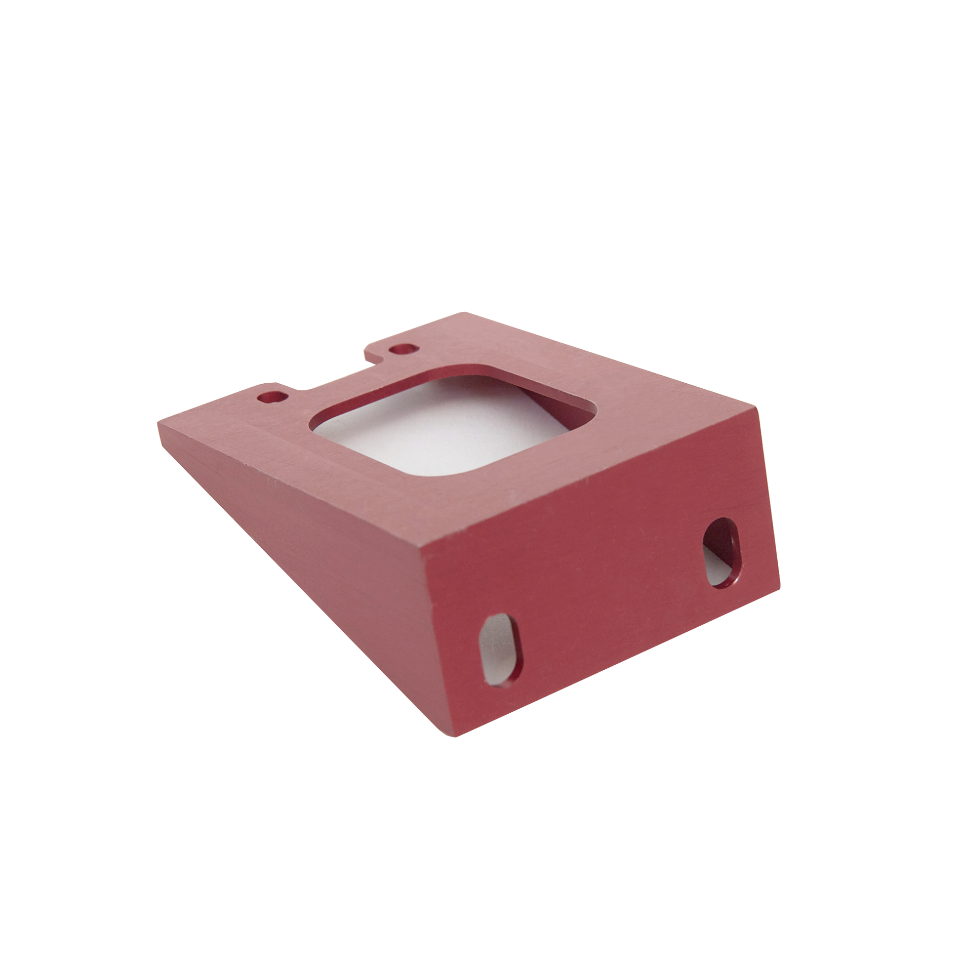 A red piece of metal with two holes in it