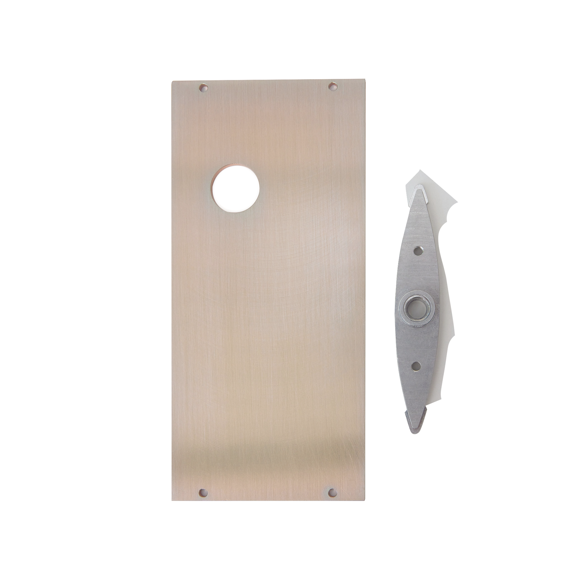A stainless steel door plate with a hole in the middle and a handle.