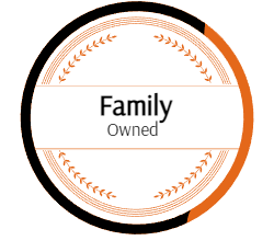 Logo: Black and orange circle,