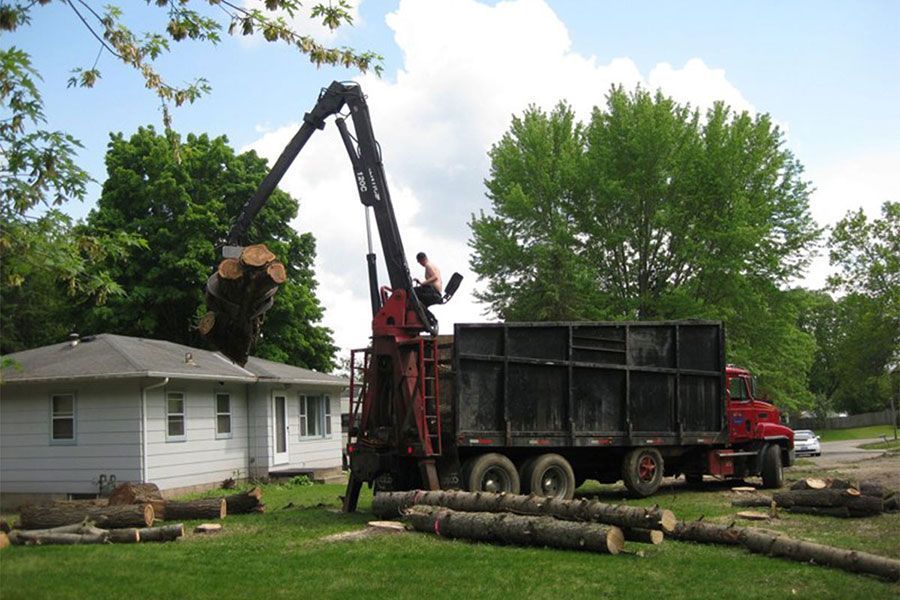 Truck crane loading tree trunk onto a truck bed near a house, sunny day.