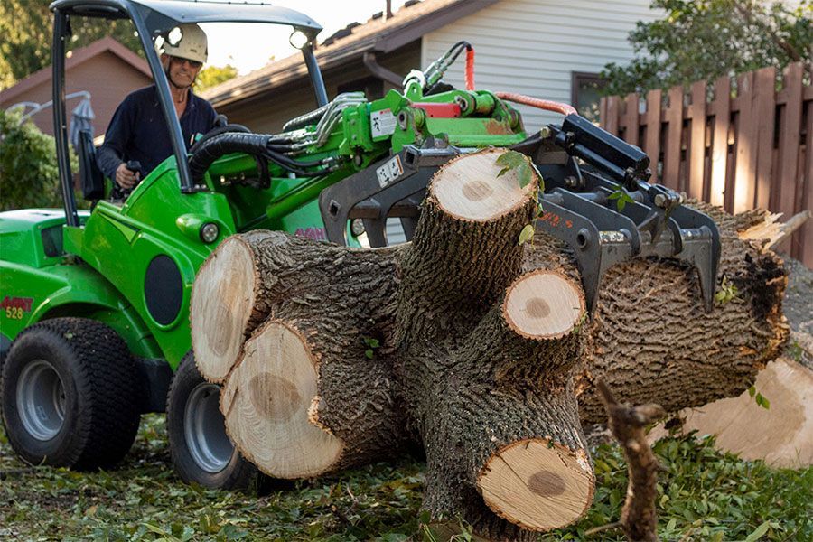 Man operating a green mini loader with a grapple, lifting tree logs in an outdoor setting.