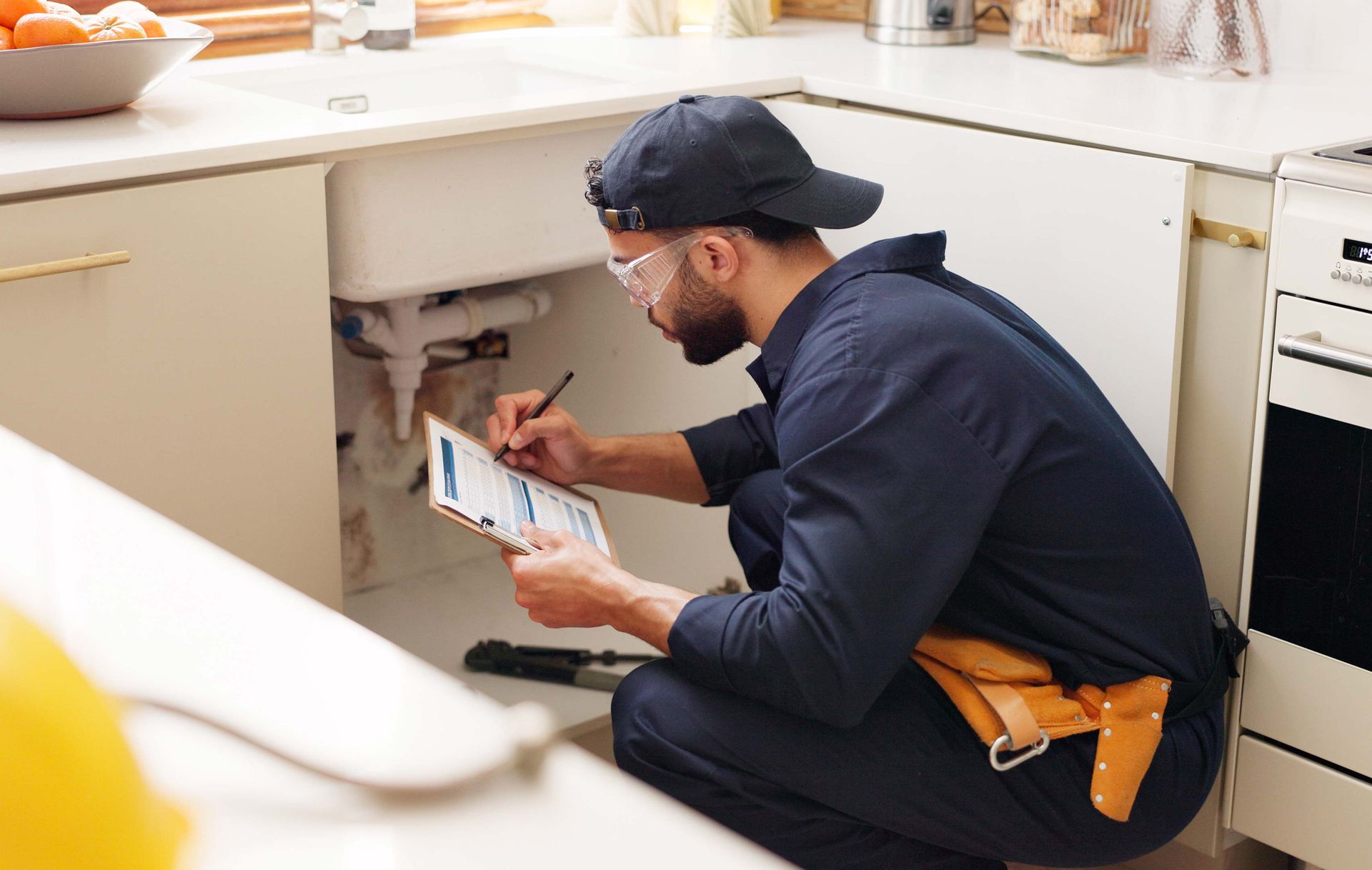 Plumber inspecting kitchen sink, writing on clipboard. Wearing cap, glasses, and work clothes.