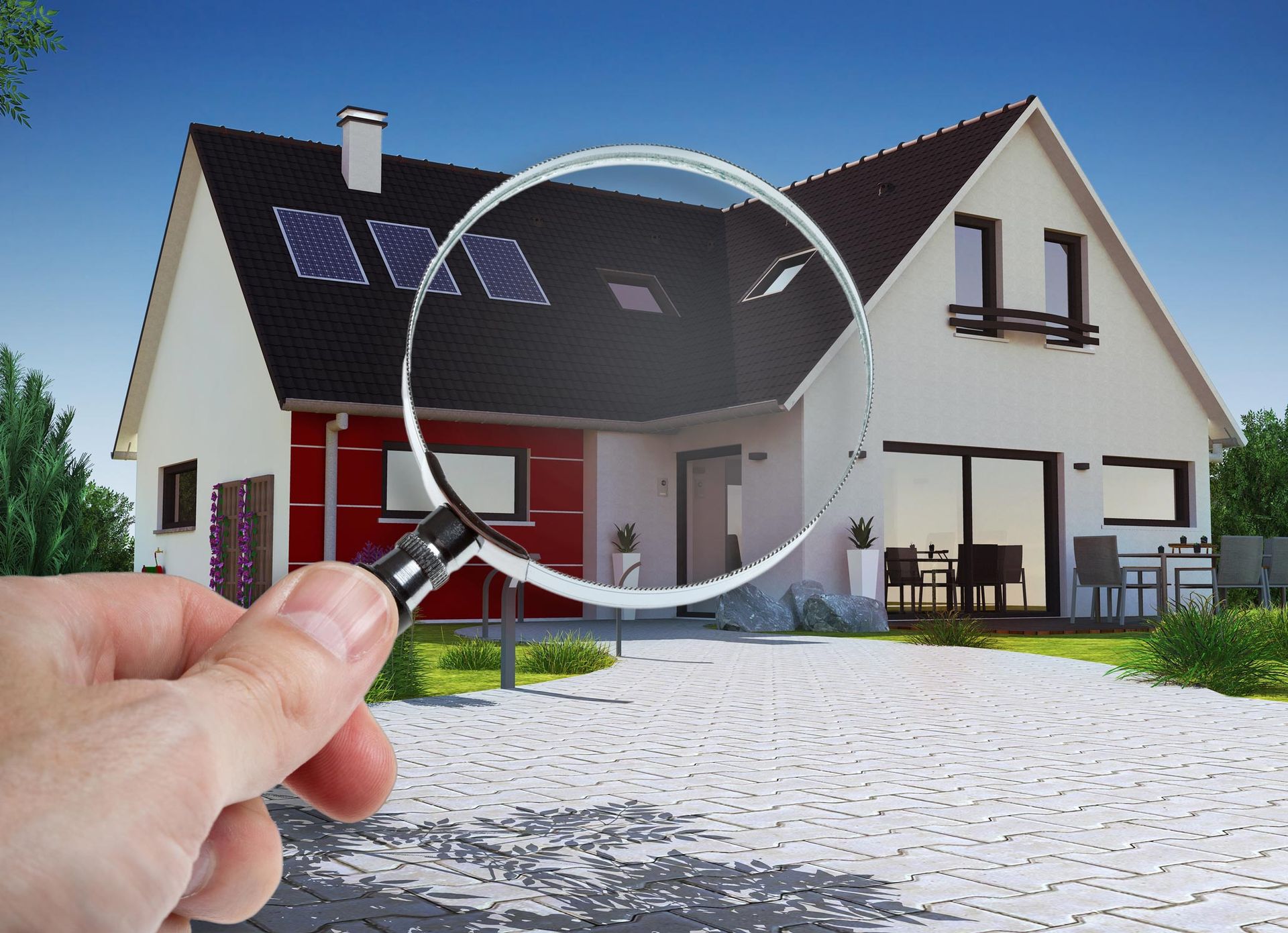 Hand holding magnifying glass over a house. House has solar panels, red accents, and a stone driveway.