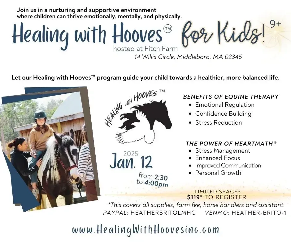 An advertisement for healing with hooves for kids shows a woman riding a horse.