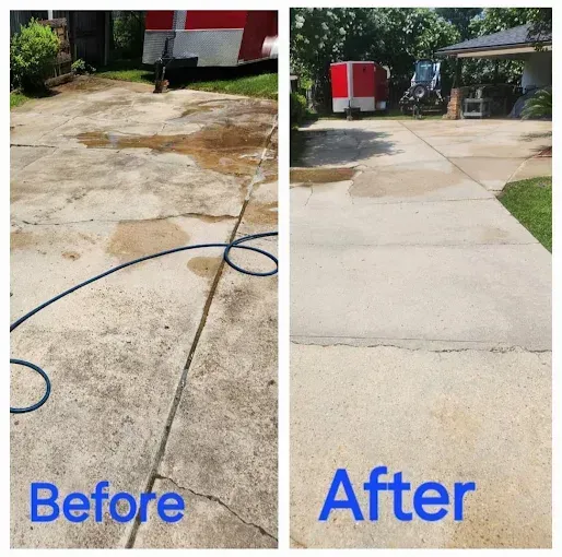 Before and after view of a driveway, showing significant cleaning. The concrete is gray and stained before, clean and light after.