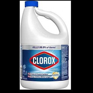 Clorox bleach container, white with blue label, kills 99.9% of germs. Has a blue cap and handle.