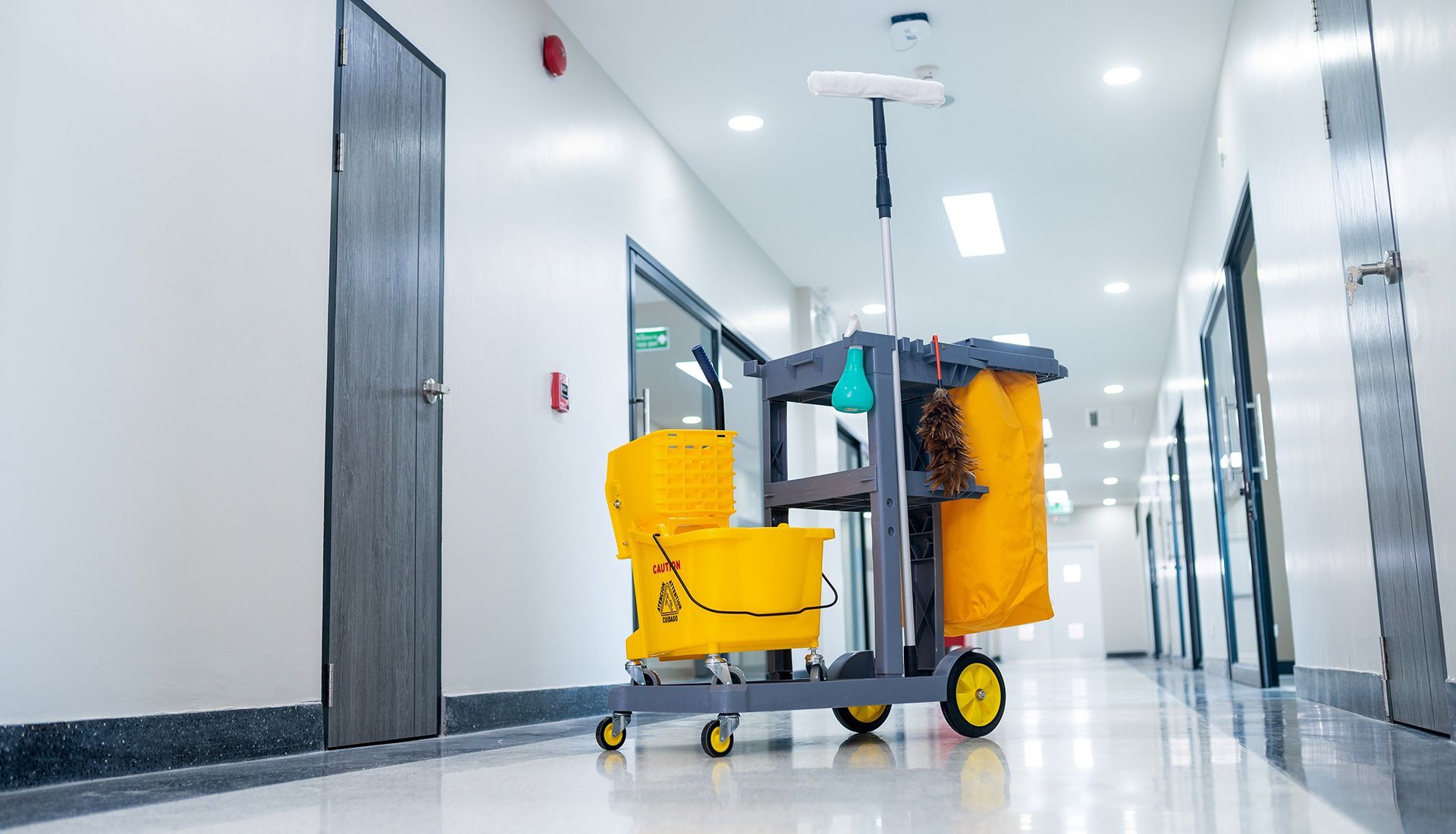 Cleaning cart in a brightly lit hallway with closed doors.