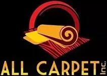 All Carpet logo with stylized red and gold rolled carpet on black background