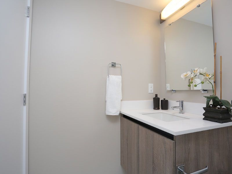 Bathroom with light gray walls, white countertop, wooden cabinet, and mirror. White towel on a ring.