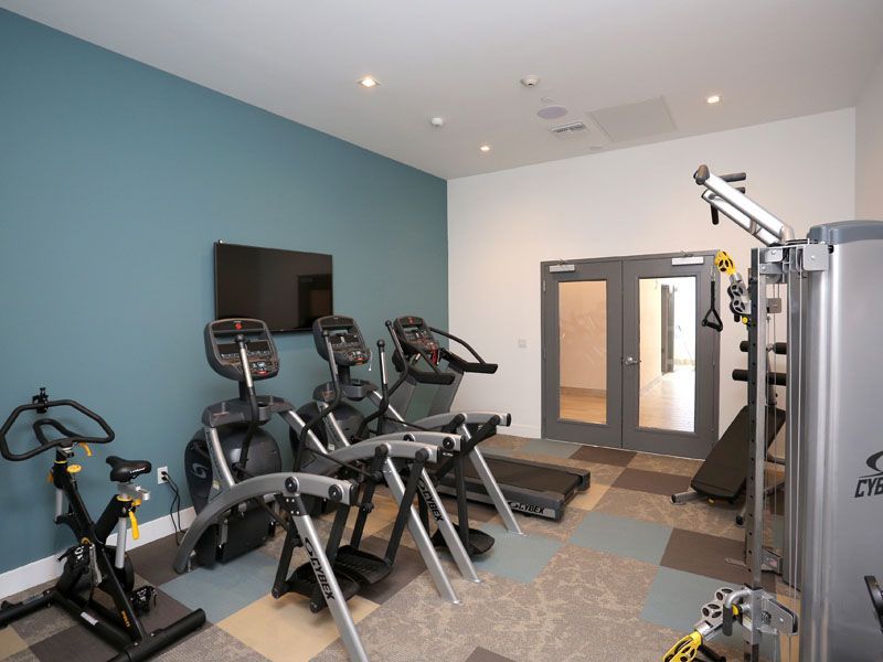 Gym with exercise equipment, including bikes, ellipticals, treadmill, and weight machine. Blue and white walls, door, and TV.