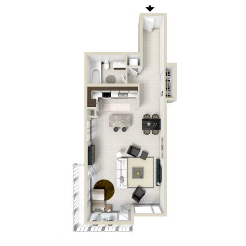 Floor plan of a small apartment with kitchen, living, dining, and bathroom.