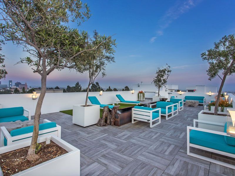 Rooftop lounge with teal and white furniture, olive trees in planters, and city skyline at dusk.