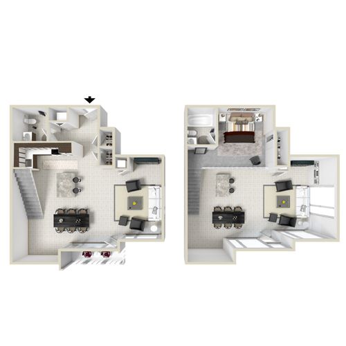 Two-story apartment floor plan; lower level has kitchen, dining, living room; upper level has bedroom and bath.