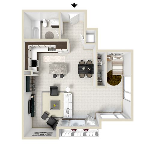Floor plan of a modern apartment with a kitchen, living area, bedroom, and bathroom.