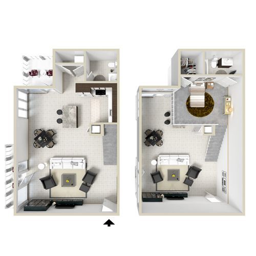 Floor plan of a two-story apartment, featuring living spaces, kitchen, bedroom, and bathroom layouts.