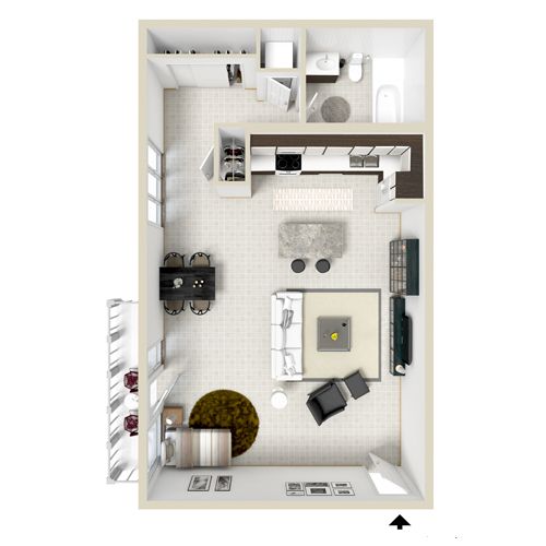 Floor plan of a studio apartment, featuring kitchen, living, and sleeping areas, with furnishings and balcony.