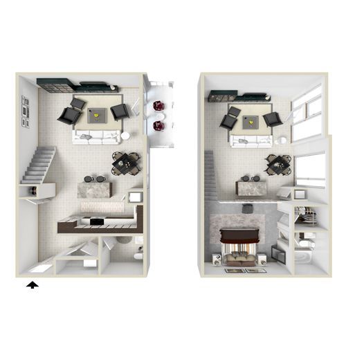 Two-story floor plans of a condo show living areas, kitchens, dining spaces, and staircases.