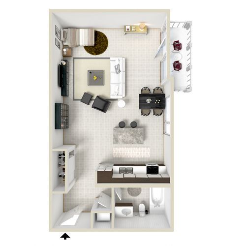 Floor plan: studio apartment layout, light beige interior, living area, kitchen, dining, bathroom, and balcony.