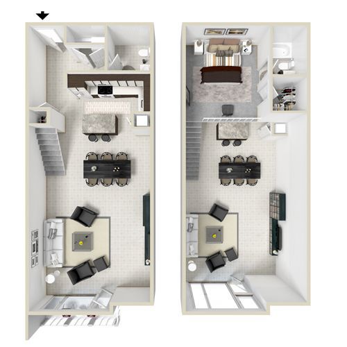 Floor plan of a two-story apartment, showing kitchen, dining, living room, and bedroom areas.